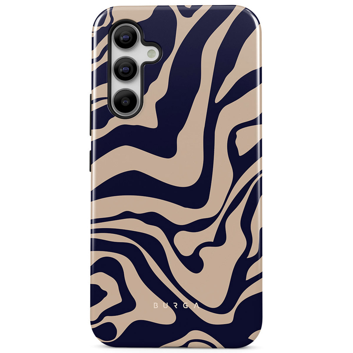 Telefoonhoesje met een marineblauw en beige golvenpatroon. De hoes heeft drie cameralenzen en het merk "BURGA" onderaan.