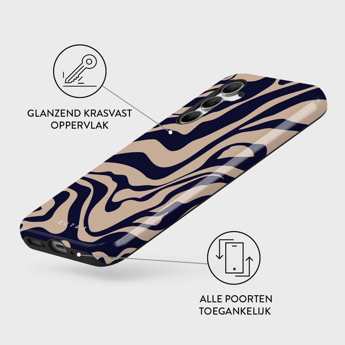 Telefoonhoesje met een marineblauwe en beige wervelpatroon. De Nederlandse tekst luidt: glanzend krasvast oppervlak en alle poorten toegankelijk.