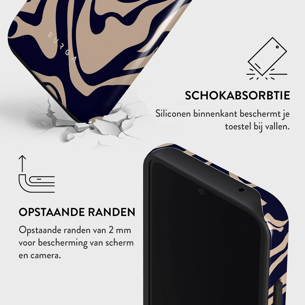 Telefoonhoesje met blauw en beige ontwerp. Tekst: Schokabsorptie, verhoogde randen voor scherm- en camerabescherming.