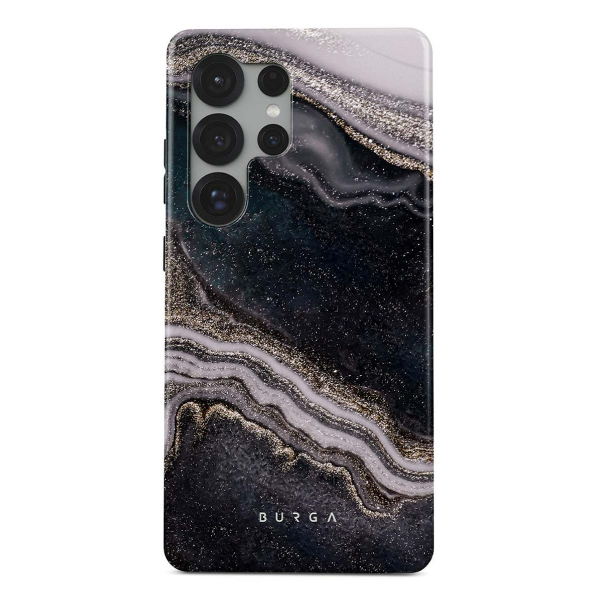Een telefoonhoesje met een marmeren ontwerp. De hoes heeft zwarte, gouden en witte wervelingen. De bovenkant heeft een cameramodule.