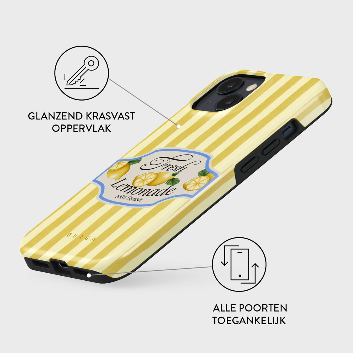 Telefoonhoesje met geel-witte strepen, een 'Fresh Lemonade'-label en zwarte randen. Nederlandse tekst geeft functies aan.