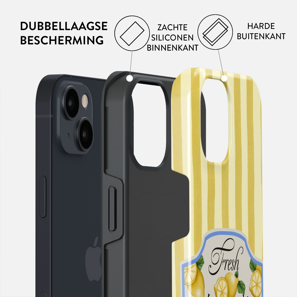 Een telefoonhoesje met een zwarte telefoon erin. De hoes bestaat uit drie delen met Nederlandse tekst. Een geel-wit strepenpatroon is zichtbaar.