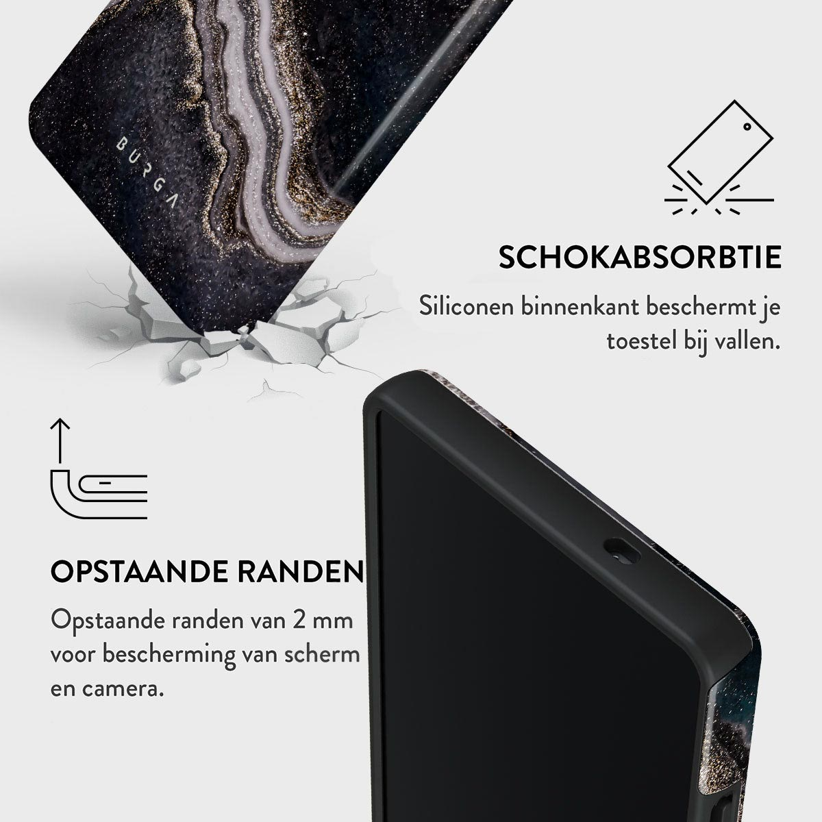 Een telefoonhoesje met een marmerontwerp wordt getoond. Tekst benadrukt schokabsorptie en verhoogde randen voor scherm- en camerabescherming.