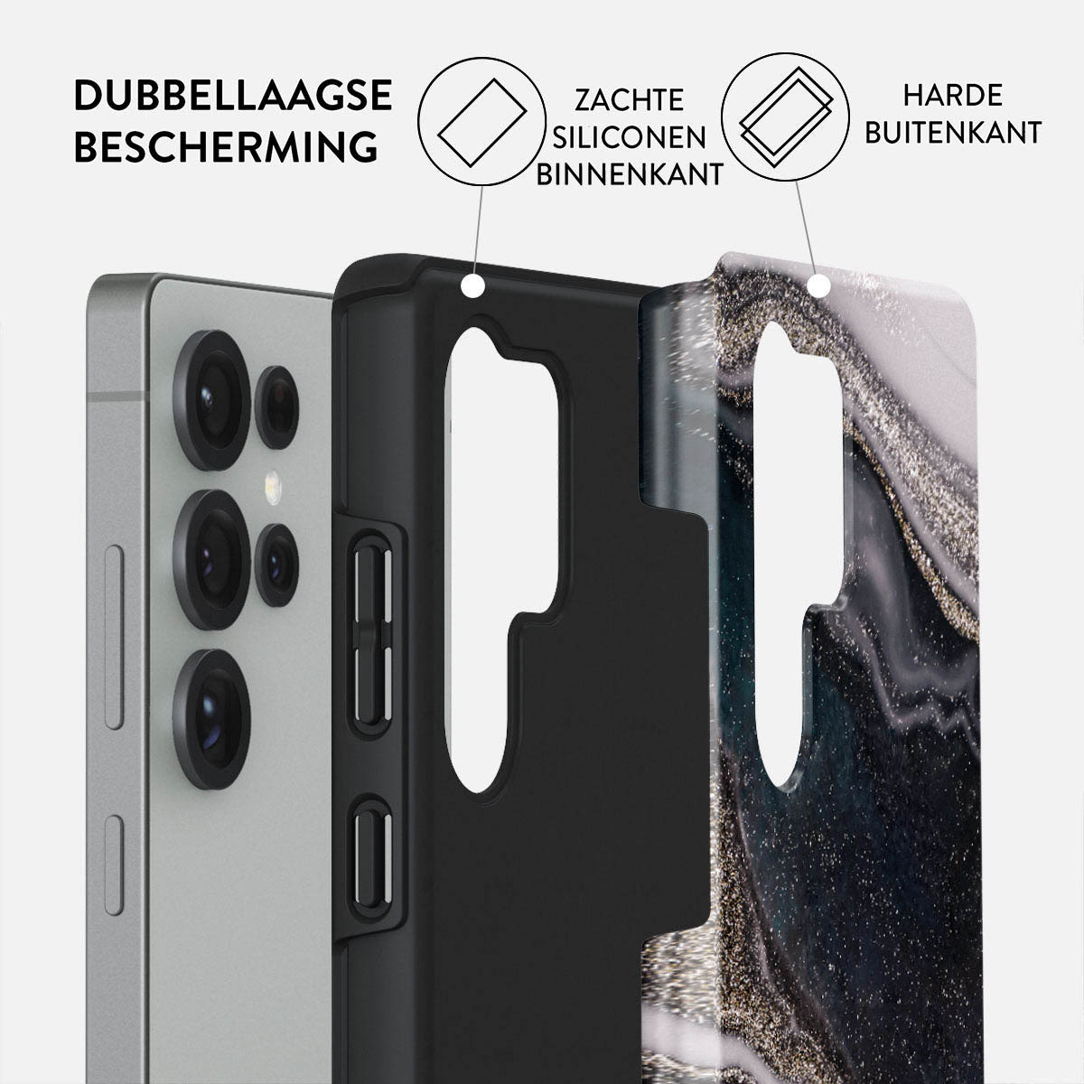 Een telefoonhoesje met een telefoon erin, getoond in lagen. De hoes is zwart, de telefoon zilver. Nederlandse tekst.
