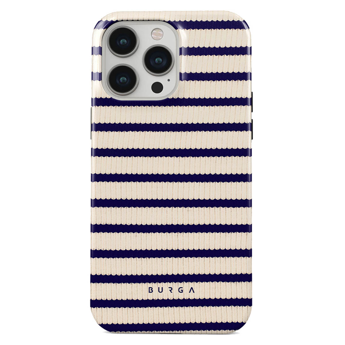 Een telefoonhoesje met een crèmekleurige achtergrond en marineblauwe horizontale strepen. De hoes heeft een camera-uitsparing en de merknaam BURGA.