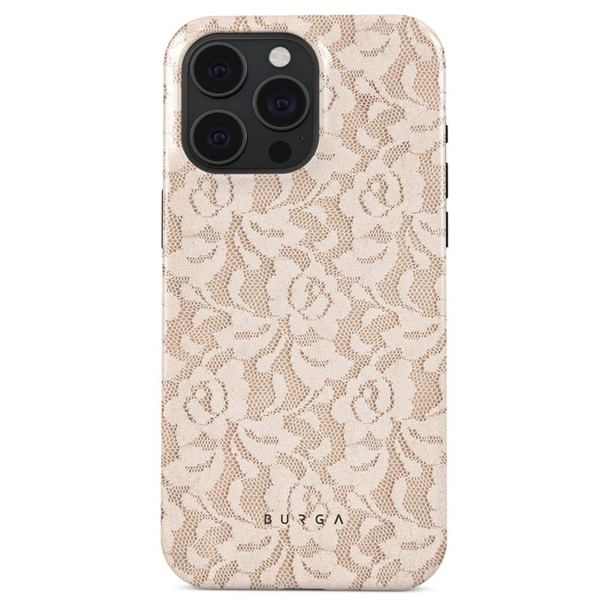 Een telefoonhoesje met een bloemen kanten design. De bovenkant heeft cameralenzen en de merknaam is onderaan zichtbaar: BURGA.