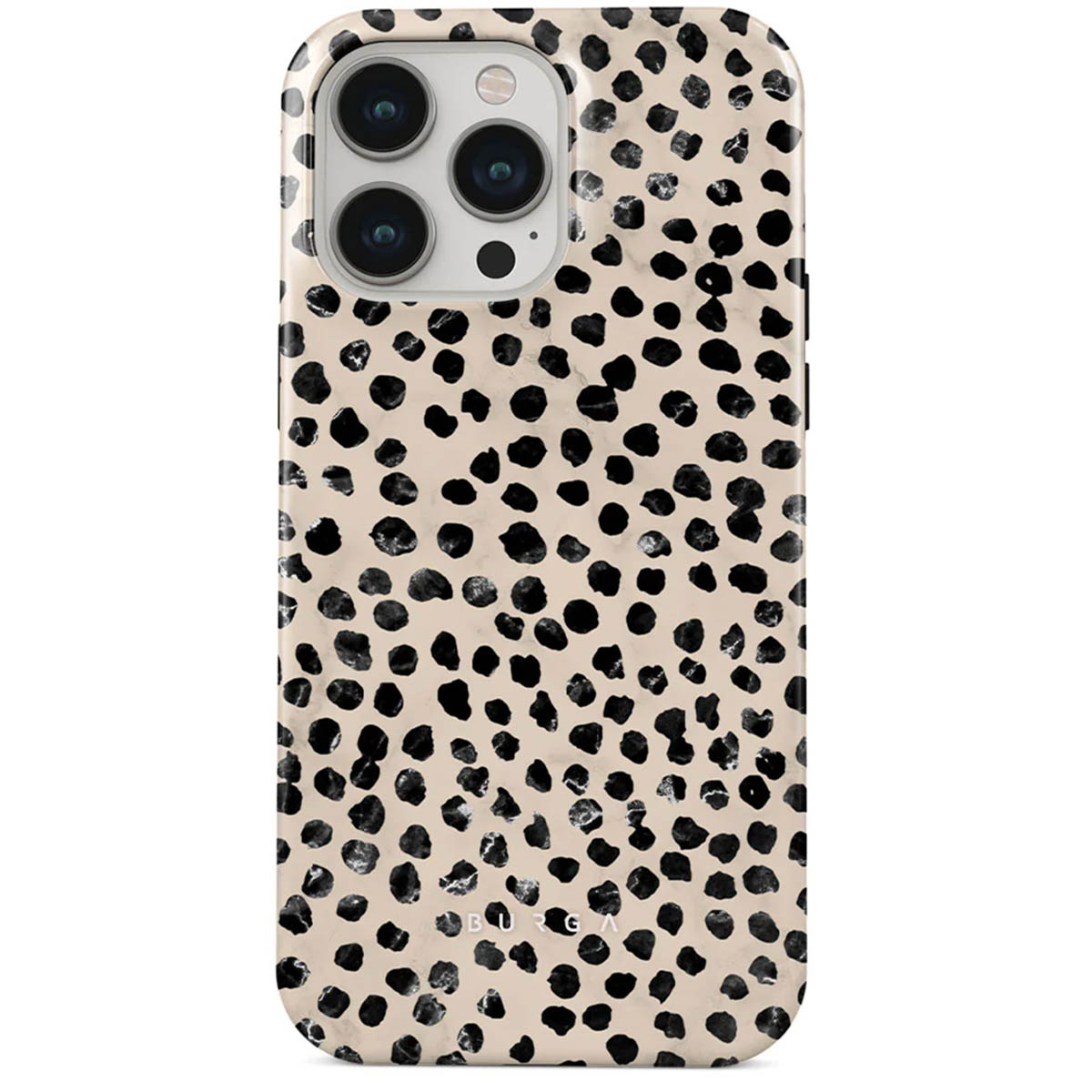 Telefoonhoesje met een dalmatiërprint. Beige achtergrond met zwarte onregelmatige vlekken. De camera's van de telefoon zijn bovenaan zichtbaar.