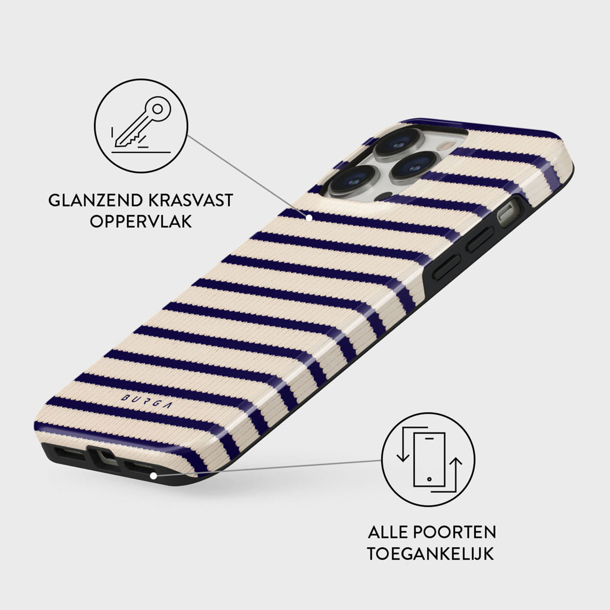 Een telefoonhoesje met marineblauwe en crèmekleurige strepen. De case is gelabeld met Nederlandse tekst en heeft een sleutelicoon.