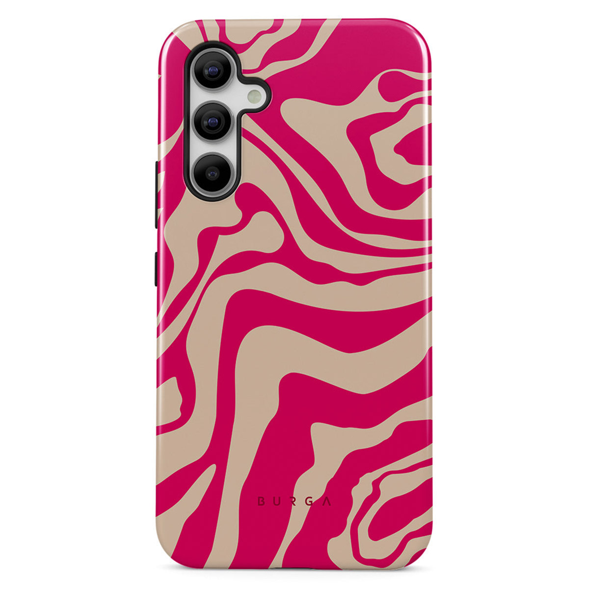 Een telefoonhoesje met een roze en beige golvend patroon. De hoes heeft een camera en de merknaam 'BURGA' onderaan.