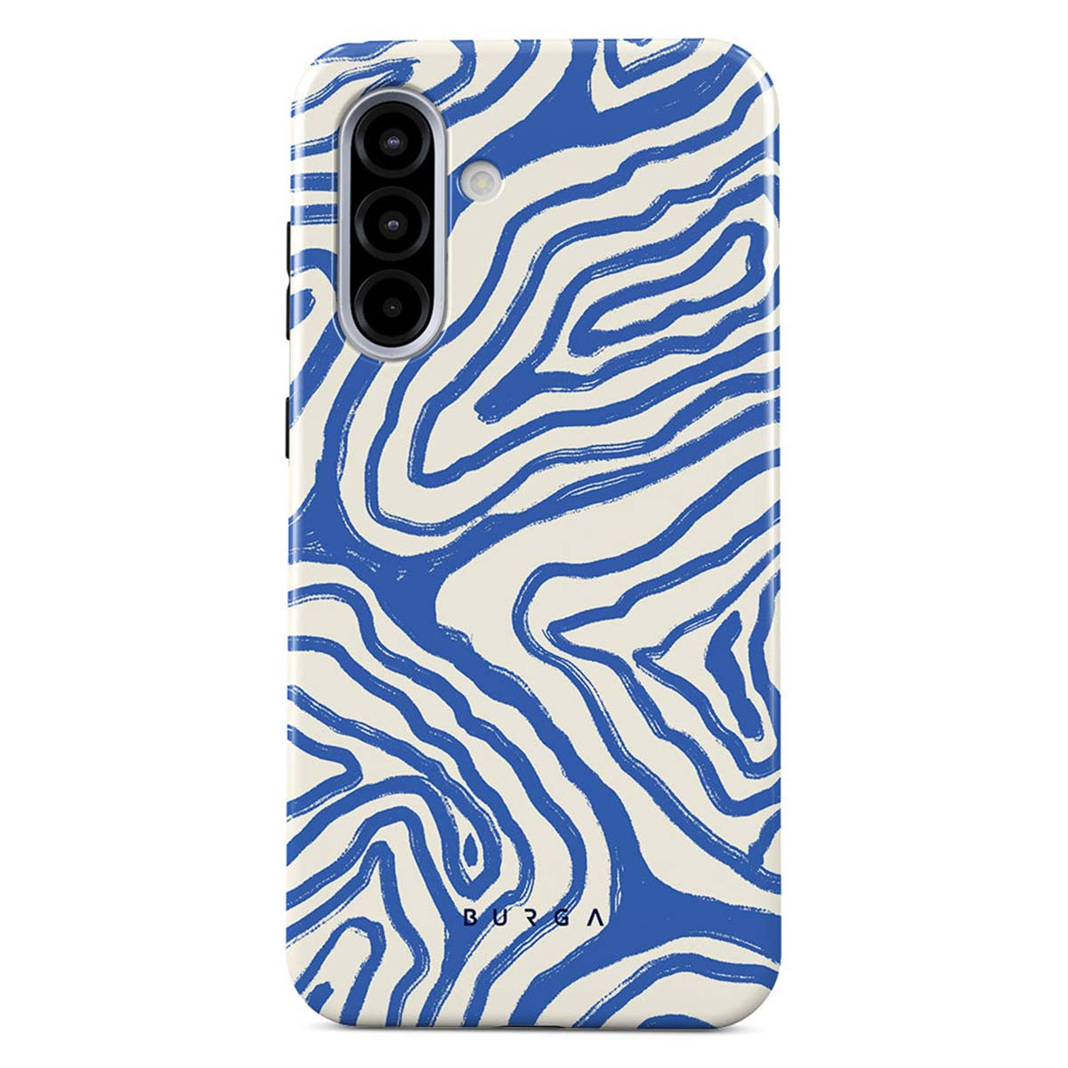Een telefoonhoesje met een blauw zebrapatroon op een crèmekleurige achtergrond. Het heeft een cameramodule bovenaan en het BURGA-logo.