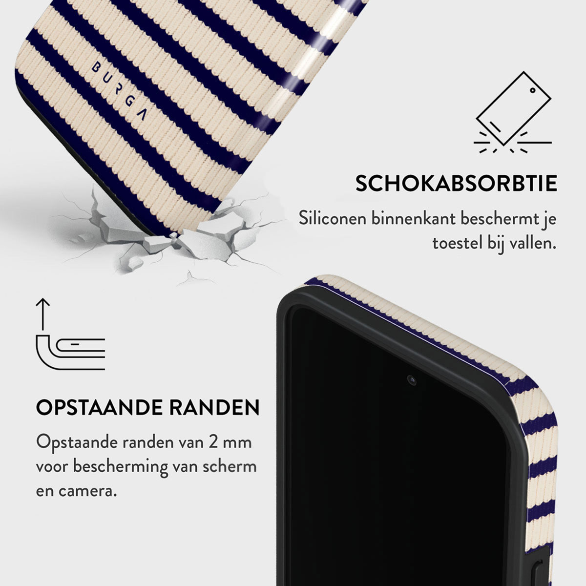 Een telefoonhoesje met een gestreept patroon wordt getoond, samen met tekst over bescherming en verhoogde randen voor het scherm.