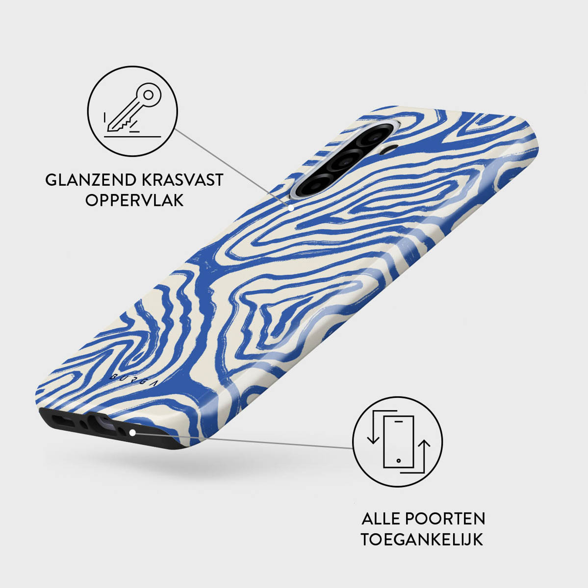 Een telefoonhoesje met een blauw en wit zebrapatroon. Het heeft een glanzend, krasbestendig oppervlak en toegankelijke poorten.