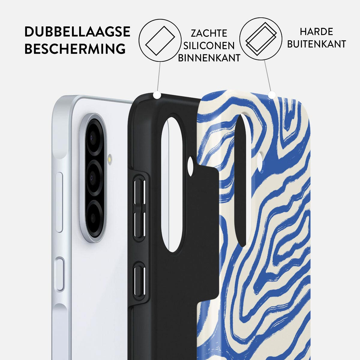 Een telefoonhoesje met een zebrapatroon. Het heeft een zachte siliconen binnenkant en een harde buitenlaag voor dubbele bescherming.