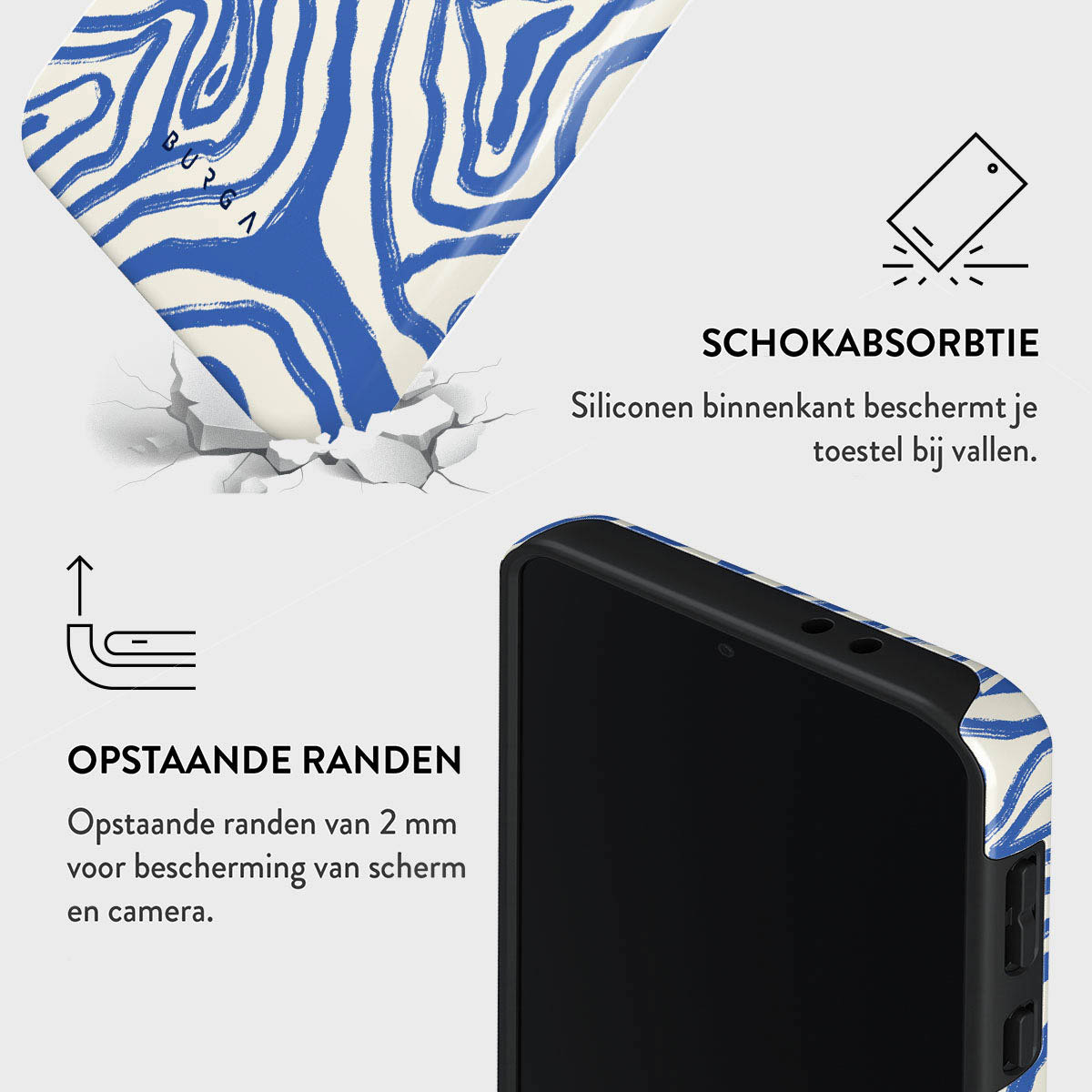 Een telefoonhoesje met een blauwe en witte zebraprint. Kenmerken: opstaande randen, schokabsorptie en siliconen binnenkant.