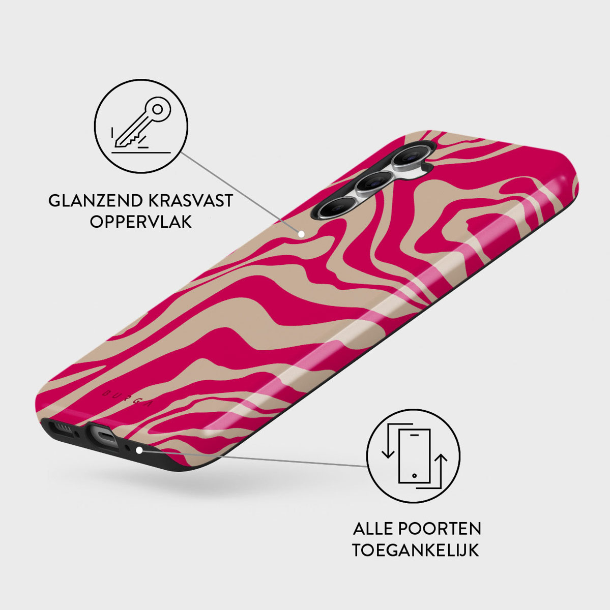 Een telefoonhoesje met een abstract roze en beige golfpatroon. Het heeft een glanzende afwerking. De achtergrond is effen wit.