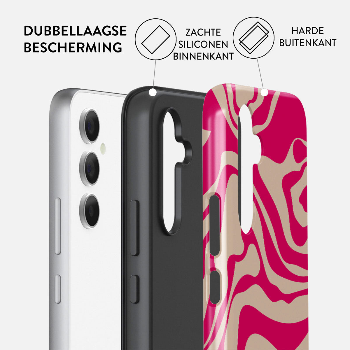 Een telefoonhoesje wordt in lagen getoond: een witte telefoon, een zwarte siliconenlaag en een roze en beige buitenlaag.