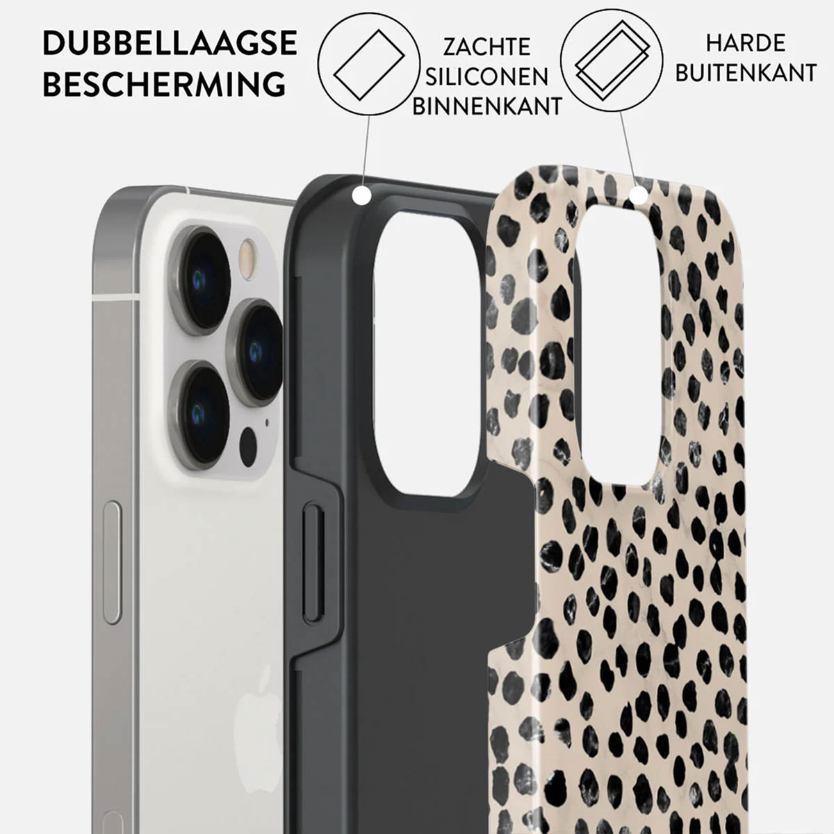 Telefoonhoesje met meerdere lagen. De hoes is zwart en beige met zwarte stippen. De telefoon is zilverkleurig en heeft drie camera's.