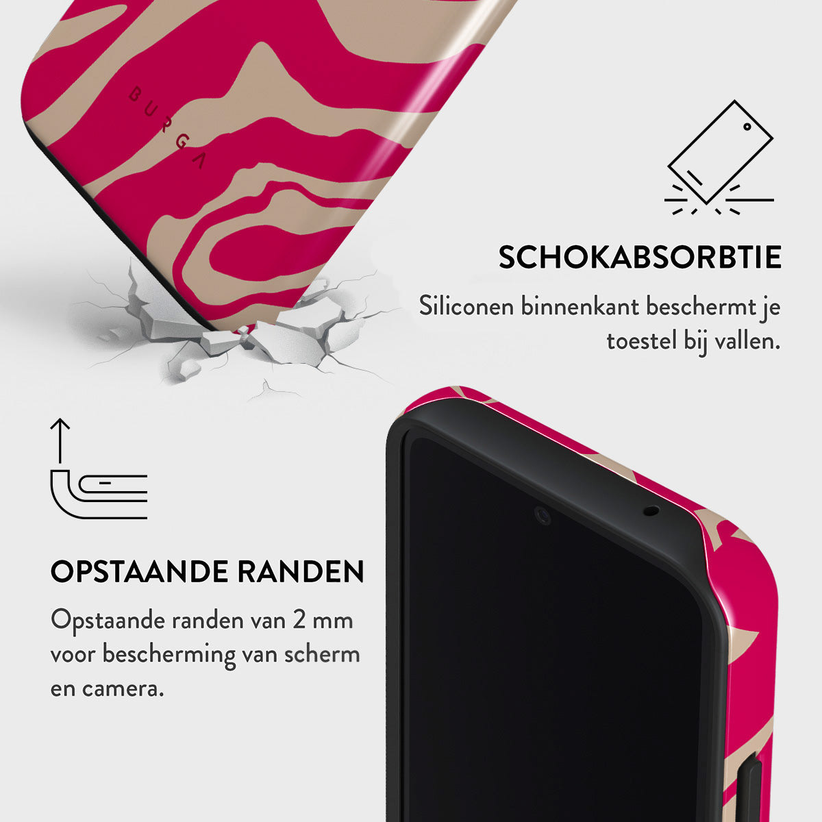 Een telefoonhoesje met een roze en beige patroon wordt getoond. Het is gemarkeerd met 'BURGA' en benadrukt functies zoals schokabsorptie en opstaande randen.