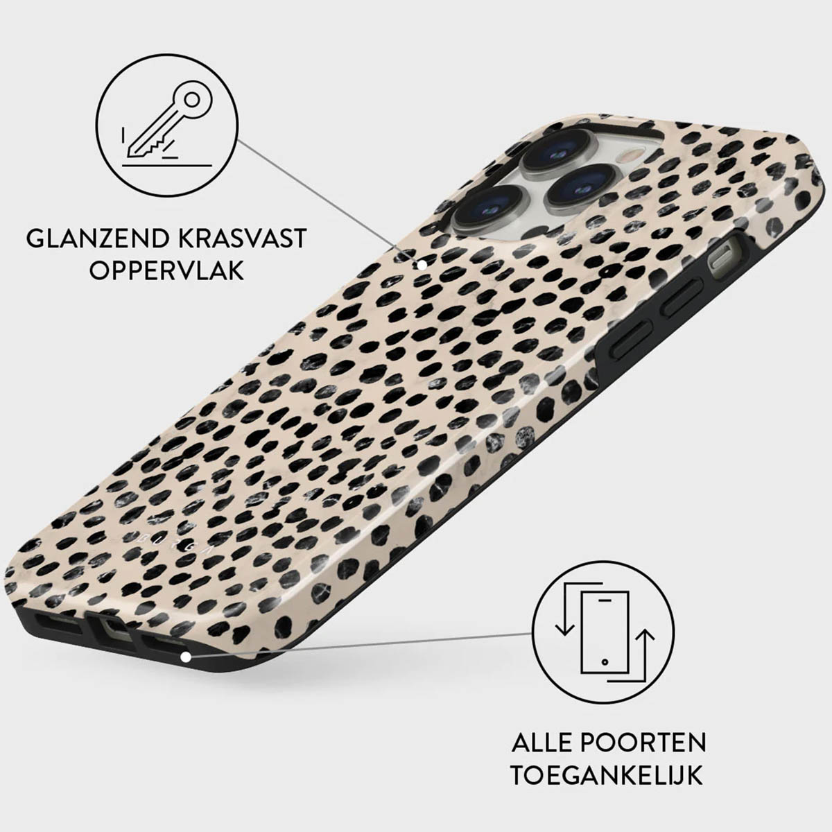 Een telefoonhoesje met een zwart-beige dalmatiërachtig patroon. Diagrammen geven krasbestendigheid en poorttoegankelijkheid aan.
