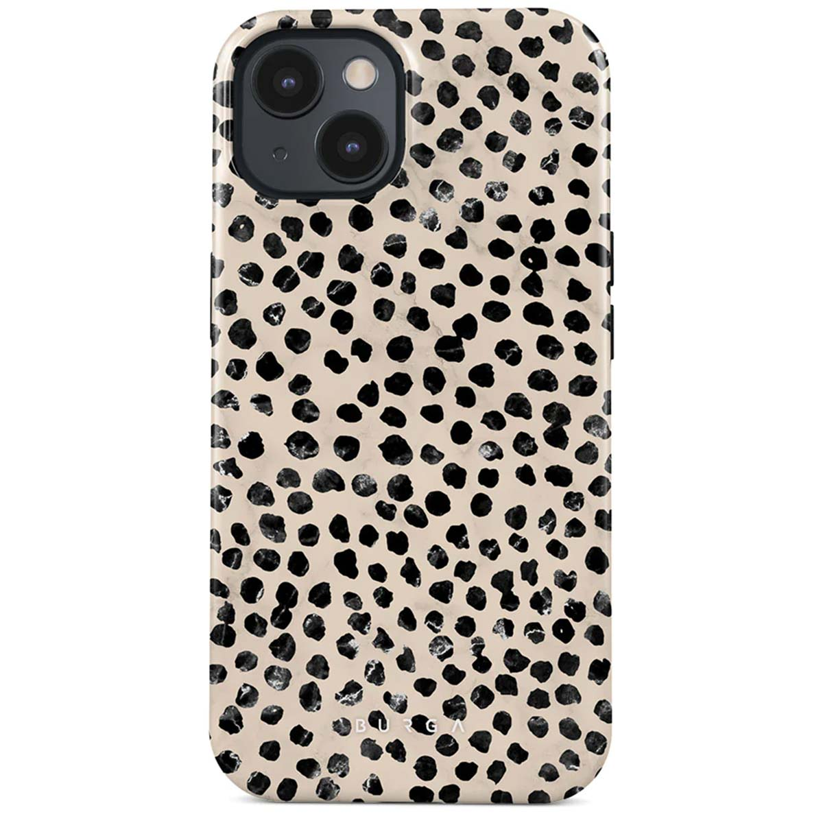 Telefoonhoesje met een zwart-wit dalmatiërpatroon. De hoes heeft een uitsparing voor de camera. De merknaam is onderaan zichtbaar.