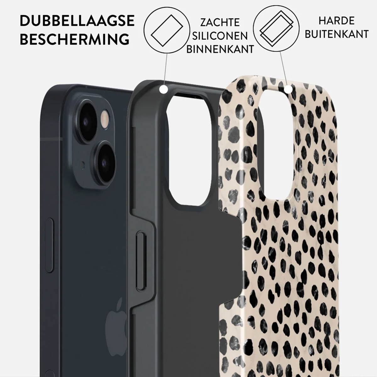 Telefoonhoes in lagen: telefoon, zwart frame, zachte siliconen en harde buitenschaal met luipaardprint. Tekst wijst op de lagen.