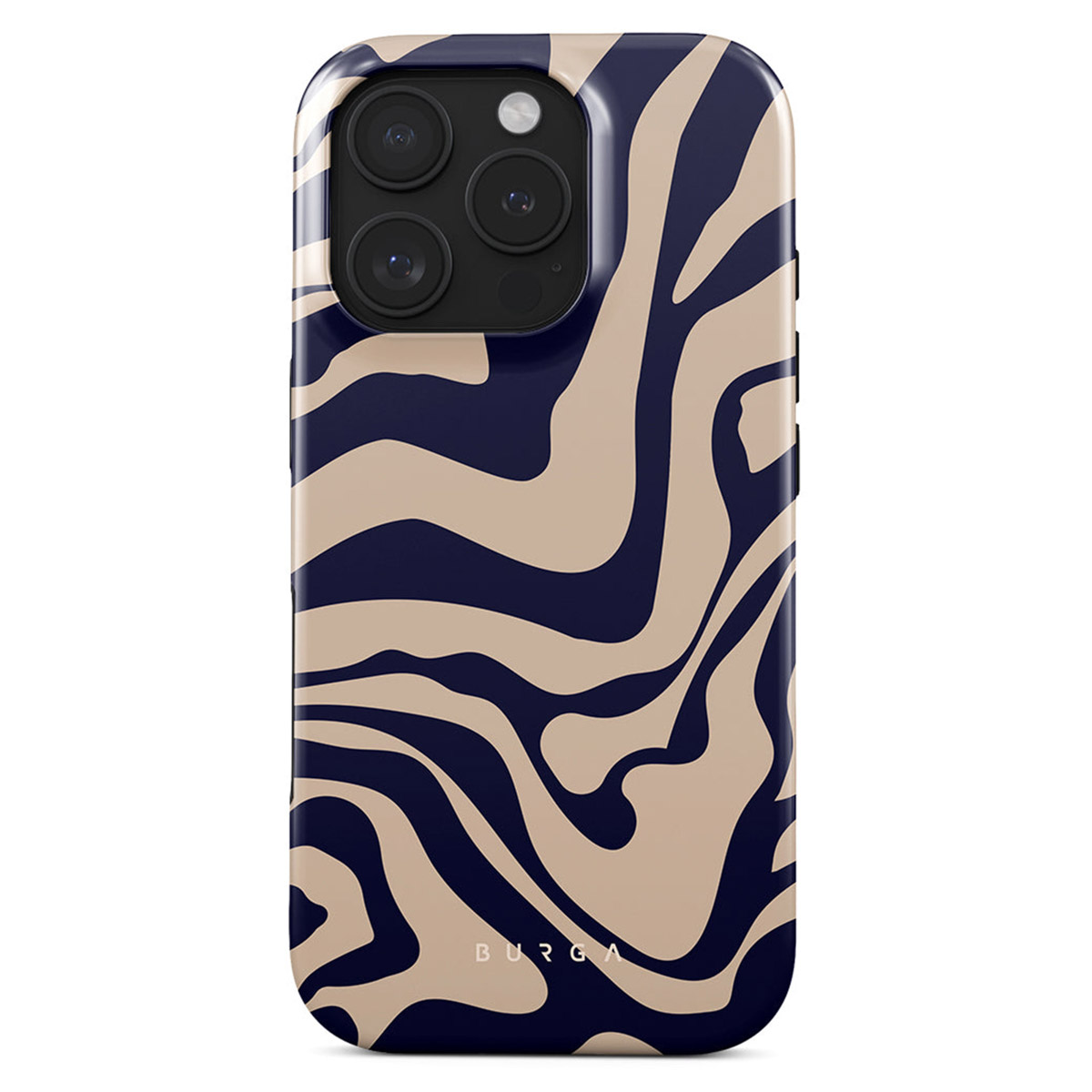 Een iPhone-hoesje met een blauw en beige golfpatroon. De hoes heeft een uitsparing voor de camera met drie lenzen en een flitser.