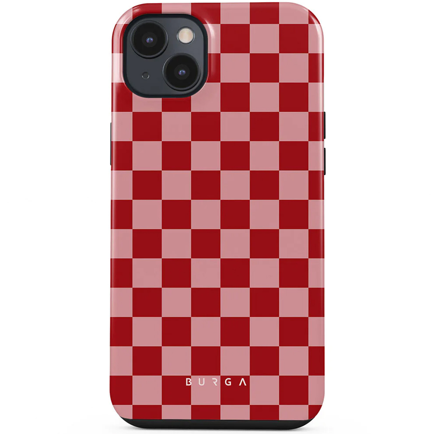 Een smartphonehoesje met een rood en roze dambordpatroon. De bovenkant heeft camera's en de onderkant het merk 'BURGA'.