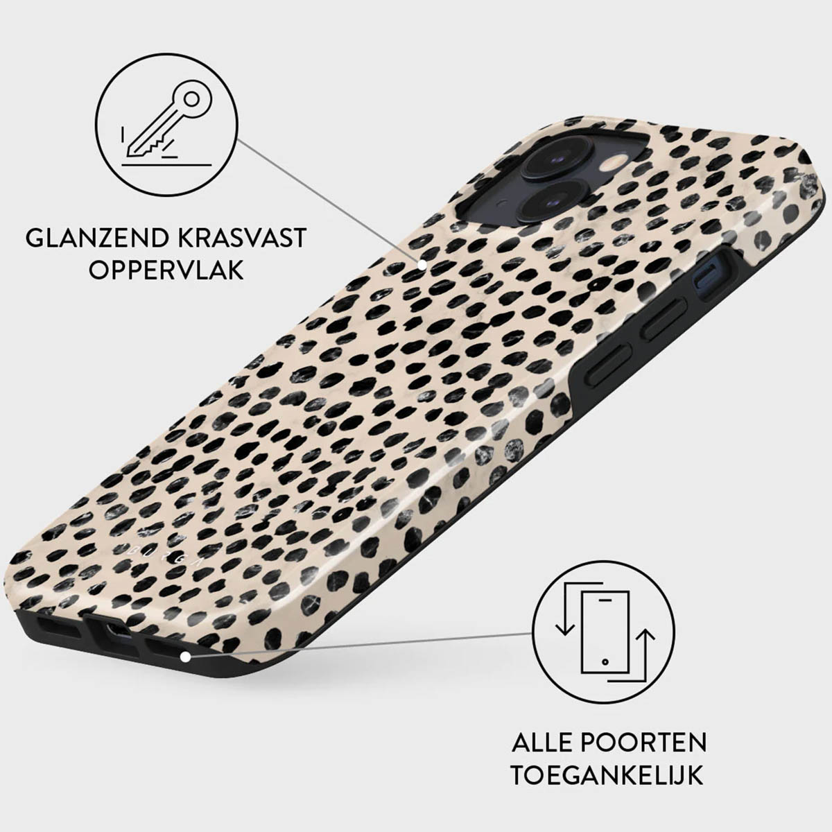 Een telefoonhoesje met een beige achtergrond en zwarte stippen. Het heeft een sleutelpictogram en tekst in het Nederlands.