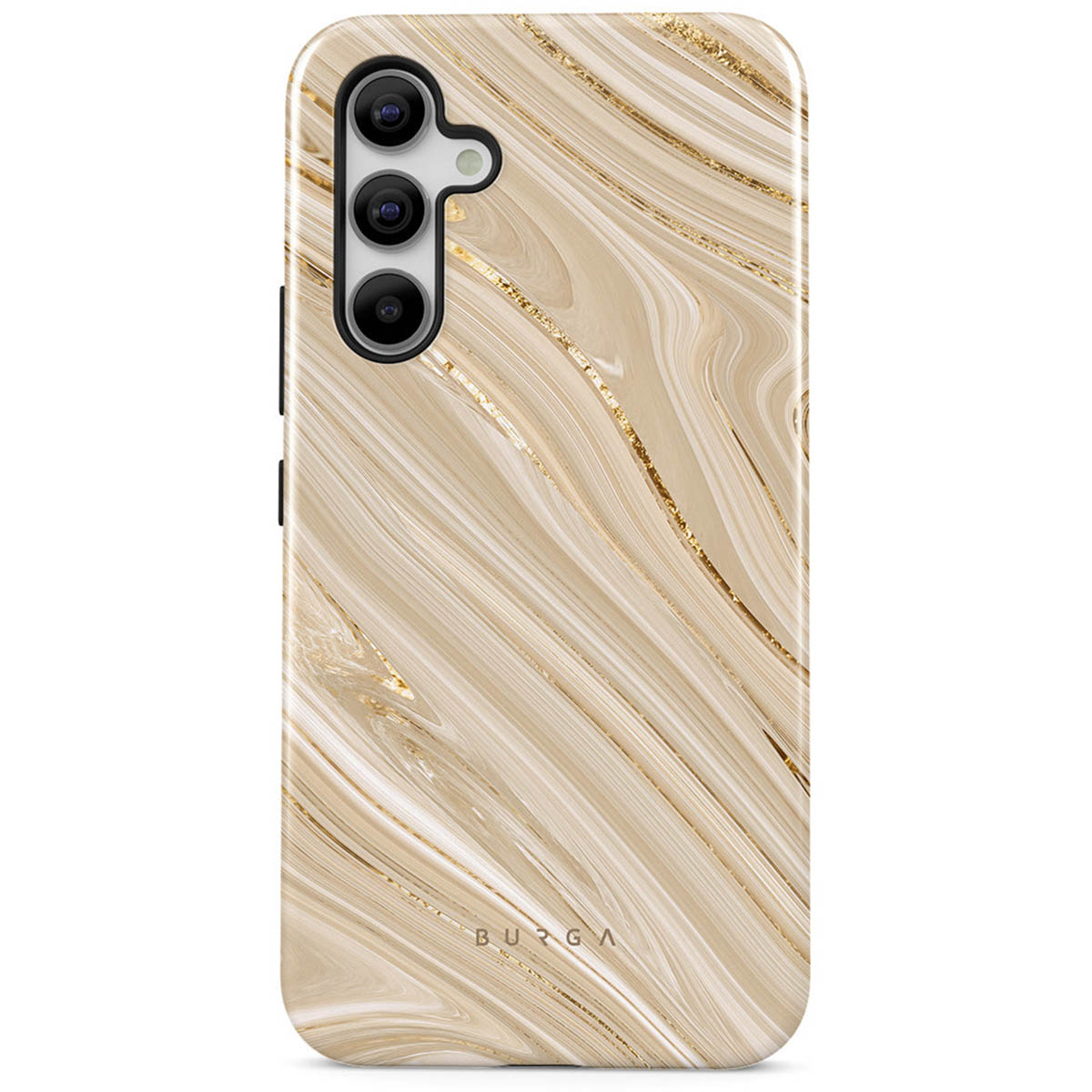 Een telefoonhoesje met een marmerontwerp in beige en goudtinten. Het heeft een cameramodule en de merknaam 'BURGA' onderaan.