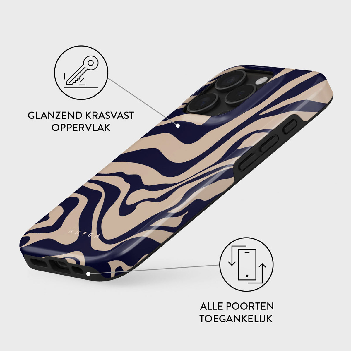 Een telefoonhoesje met een golvend patroon in beige en marineblauw. Kenmerken zijn een glanzend, krasbestendig oppervlak en toegankelijke poorten.