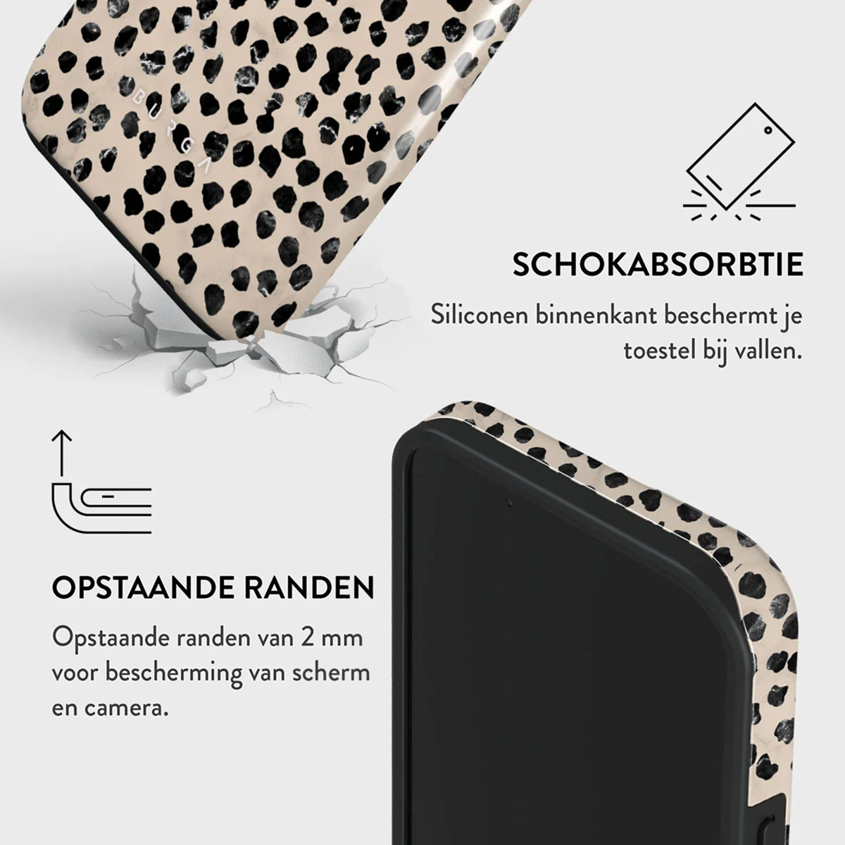 Een telefoonhoesje met een dalmatiërpatroon wordt getoond, met tekst die de kenmerken beschrijft: schokabsorptie en opstaande randen.