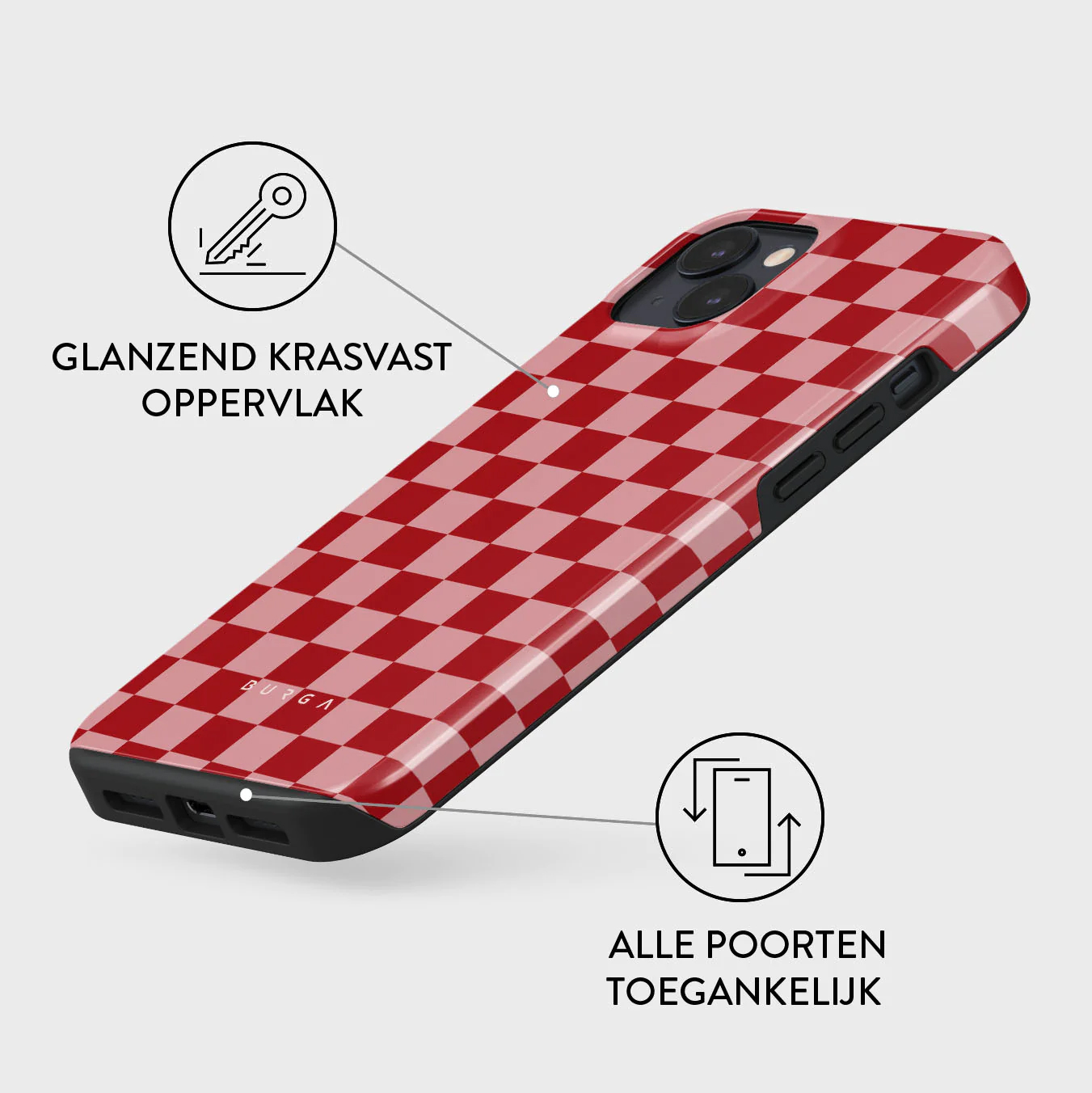 Een telefoonhoesje met een rood-roze ruitpatroon. De hoes is glanzend en toont de merknaam op een witte achtergrond.