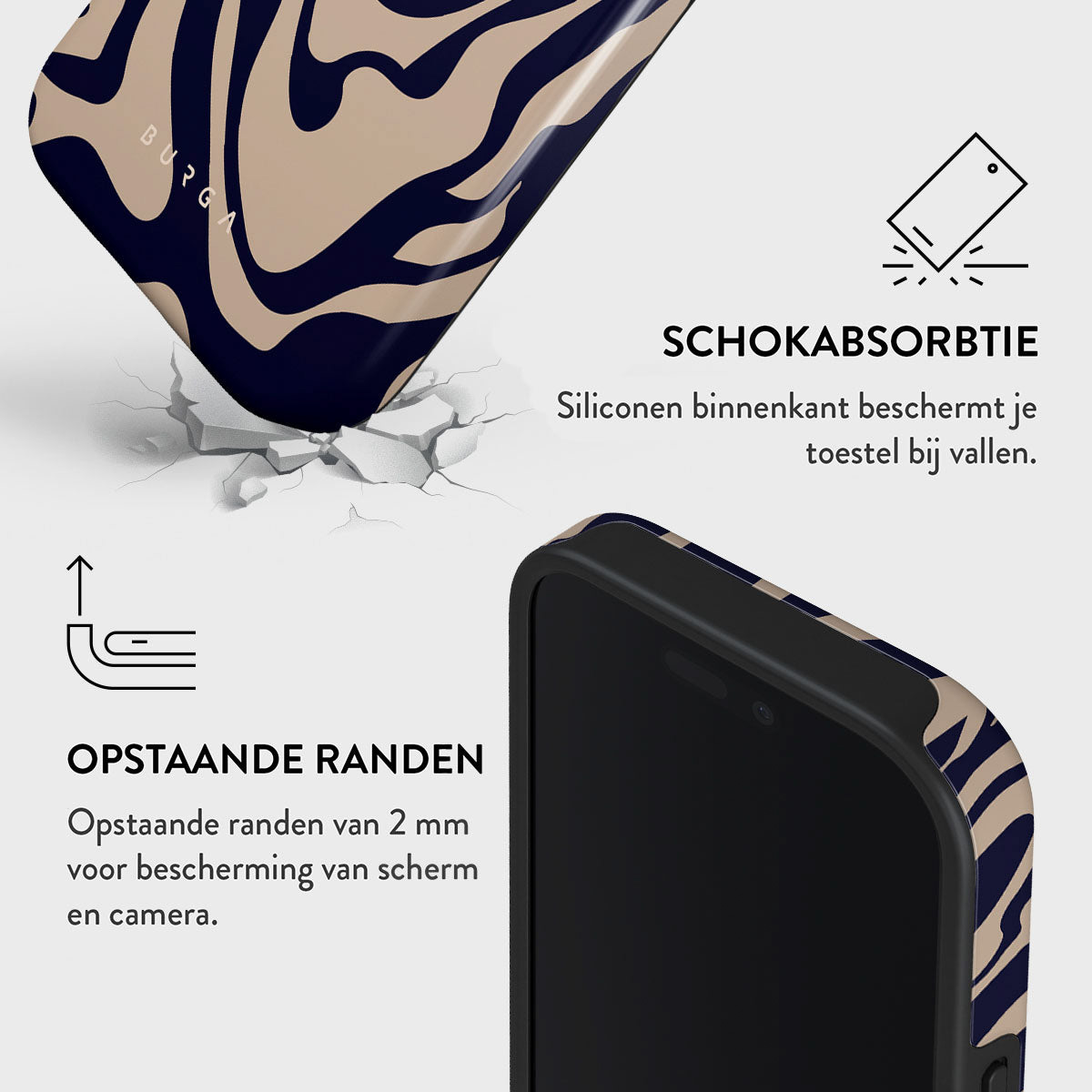 Een iPhone-hoesje met een blauw en beige zebrapatroon wordt getoond. De tekst beschrijft schokabsorptie en verhoogde randen voor scherm- en camerabescherming.