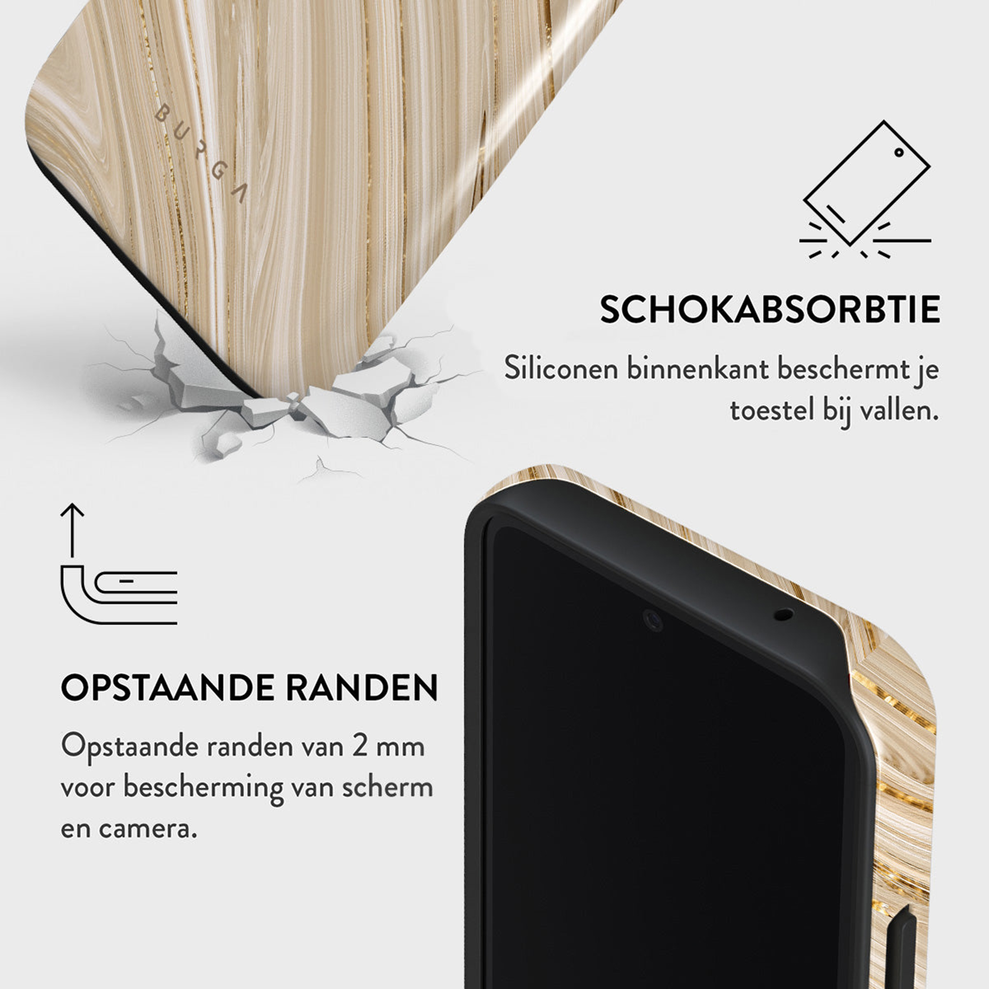 Afbeelding toont een telefoonhoesje met een houtlook, met tekst over schokabsorptie en verhoogde randen voor schermbescherming.