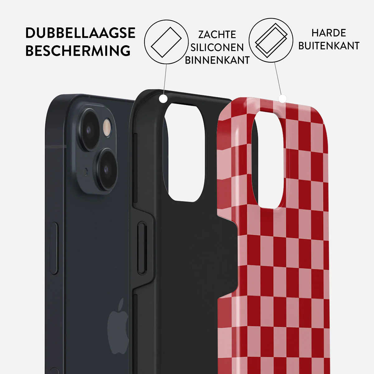 Afbeelding toont een telefoon met een beschermhoesje. De hoes is in lagen, met een rood-wit geblokt patroon op de buitenste laag.