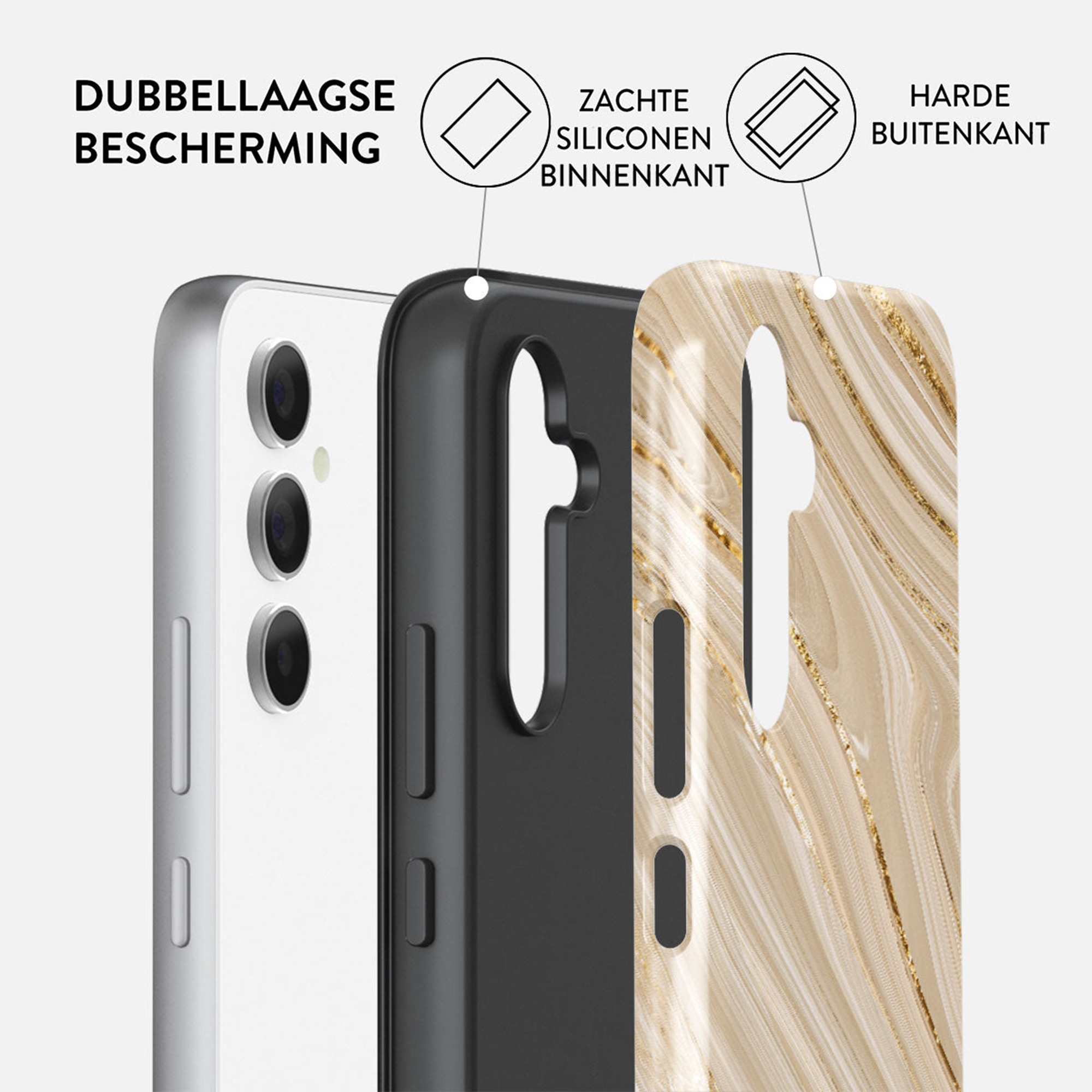 Een telefoonhoesje, met lagen: witte telefoon, zwart en goud met patroon. Tekstlabels: dubbele laag bescherming, zachte siliconen binnenkant.
