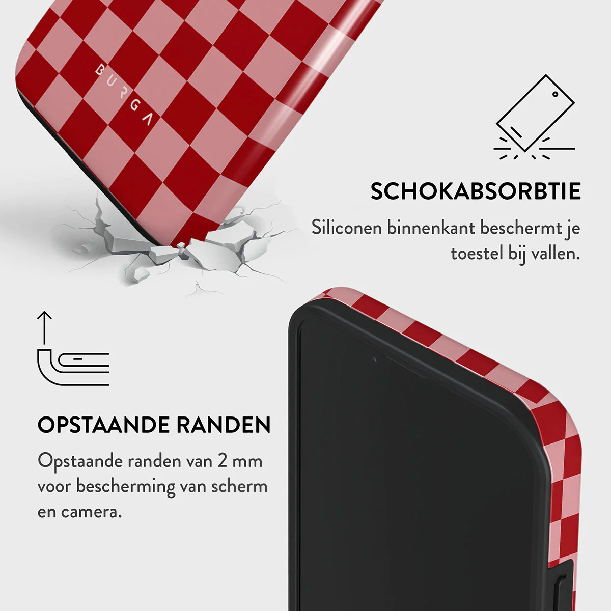 Een telefoonhoesje met een rood-roze ruitpatroon wordt getoond. De tekst beschrijft schokabsorptie en opstaande randen voor schermbescherming.