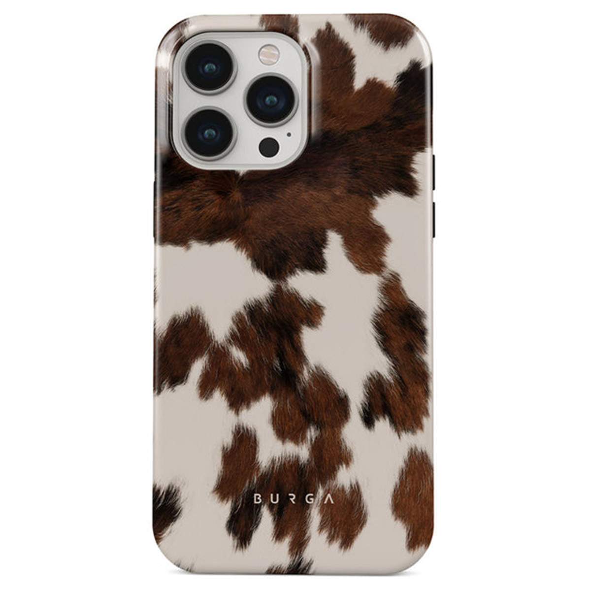 Telefoonhoesje met een koeienhuidpatroon. Het heeft bruine en witte vlekken met een glanzende afwerking. De merknaam 'BURGA' is zichtbaar.