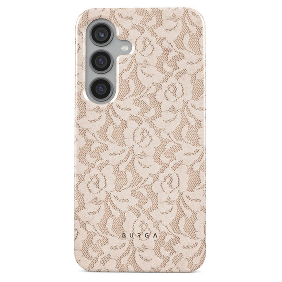 Een telefoonhoesje met een bloemen kanten patroon. De hoes heeft drie cameralenzen en de merknaam BURGA onderaan.