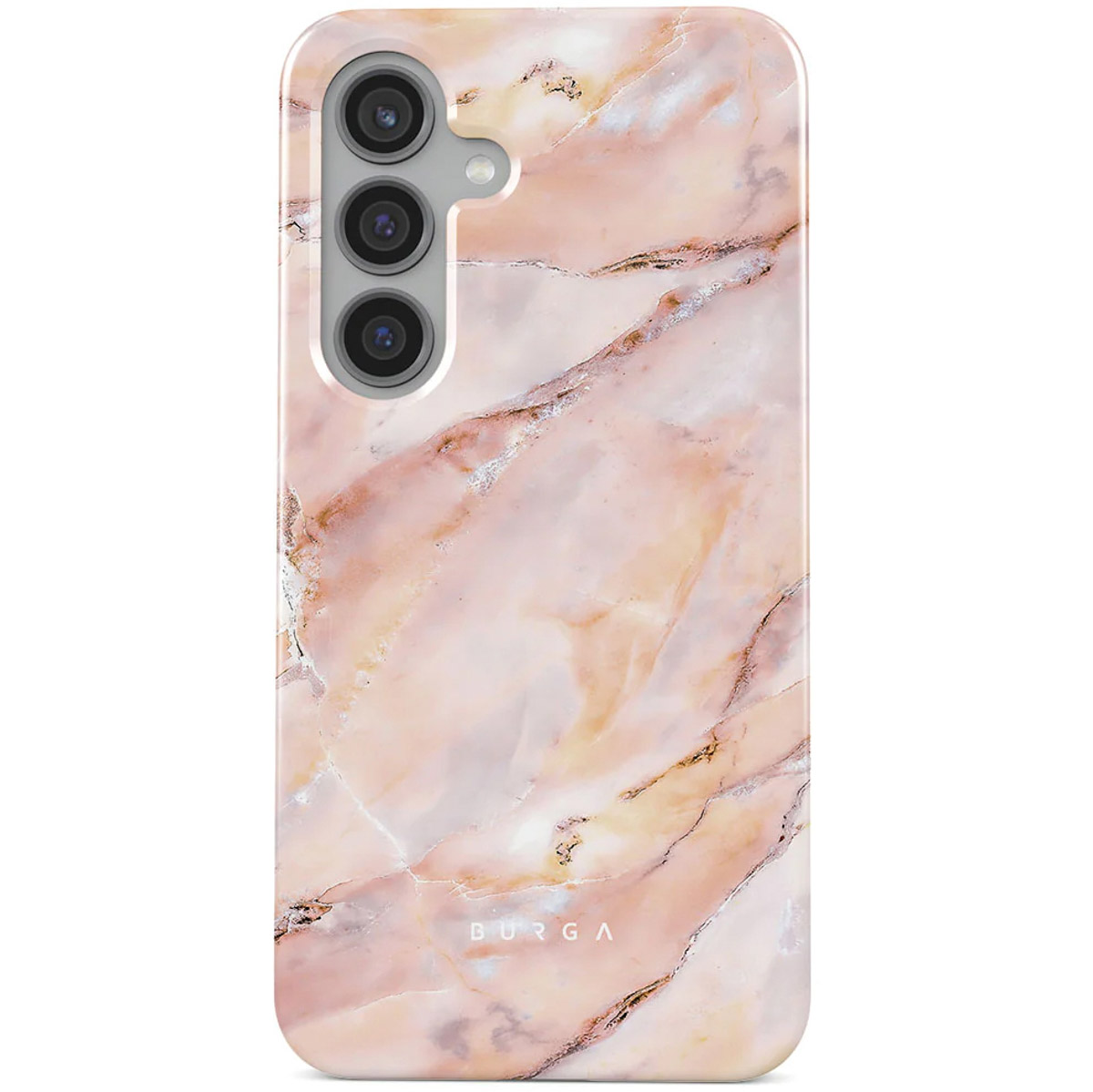 Een telefoonhoesje met een marmerontwerp in roze en gouden tinten, met een uitsparing voor de camera en de merknaam BURGA.