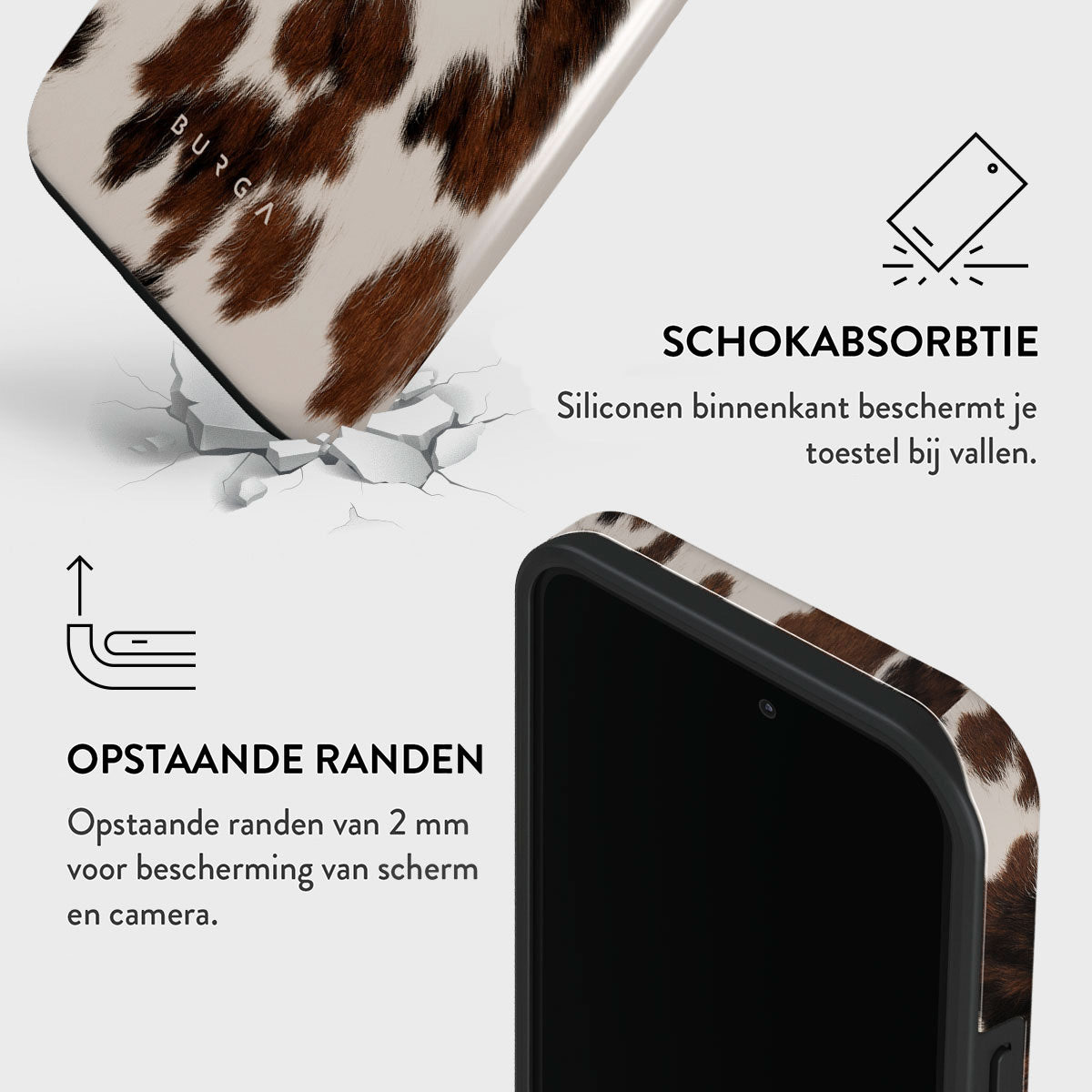 Een telefoonhoesje met een koeienhuidpatroon wordt getoond. De tekst beschrijft schokabsorptie en verhoogde randen voor scherm- en camerabescherming.