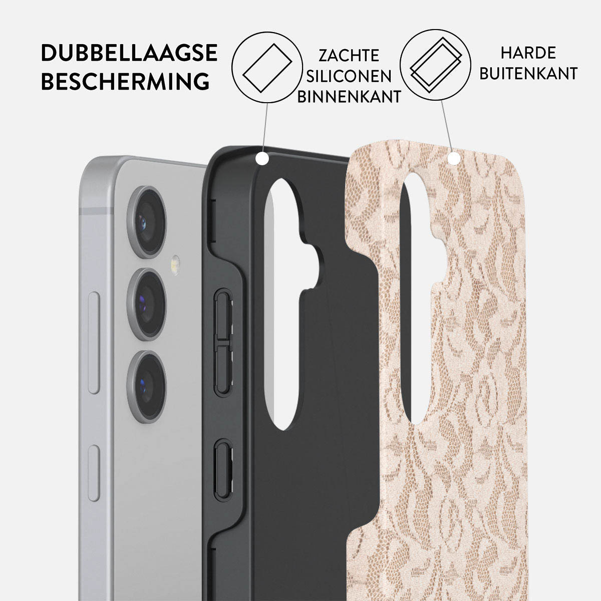 Een telefoonhoesje met gelaagde bescherming: zachte siliconen binnenkant en een harde buitenkant. De hoes is gedeeltelijk afgebeeld op een zilveren telefoon.