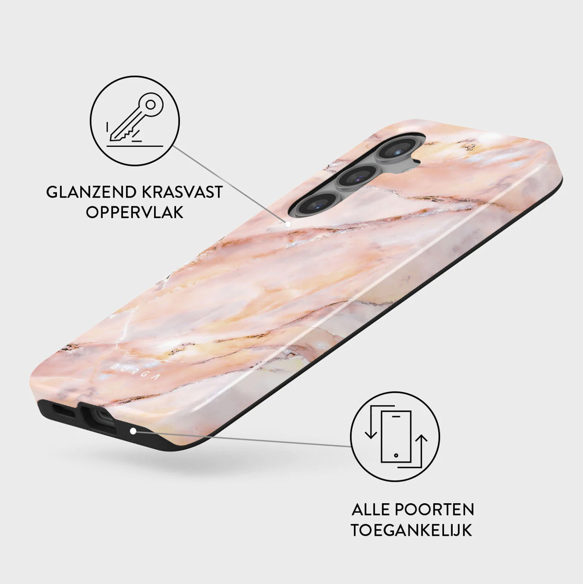 Een telefoonhoesje met marmerpatroon wordt getoond. Het is roze en wit met zwarte randen. Er zijn diagrammen met tekst.