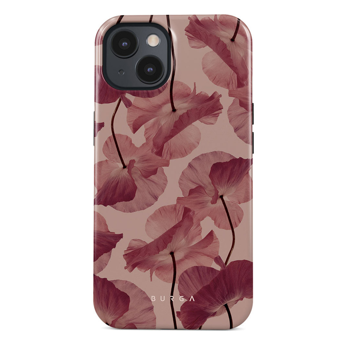 Telefoonhoesje met een bloemenpatroon van roze bloemen en stelen op een lichtroze achtergrond. De merknaam is zichtbaar.