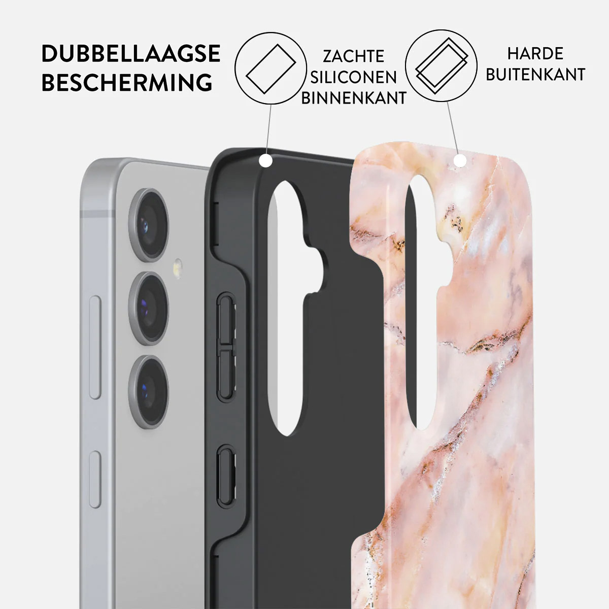 Telefoonhoesje met lagen: zilveren telefoon, zwart interieur en marmerpatroon buitenkant. Tekst geeft dubbellaagse bescherming aan.