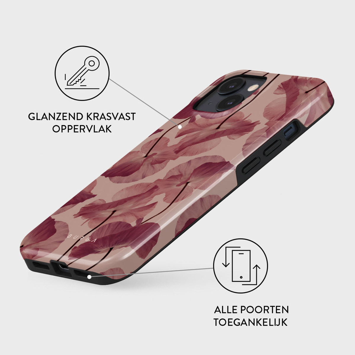 Een telefoonhoesje met een bloemenpatroon in rood en beige. De hoes heeft zwarte randen en de achtergrond is effen. Nederlandse tekst is zichtbaar.