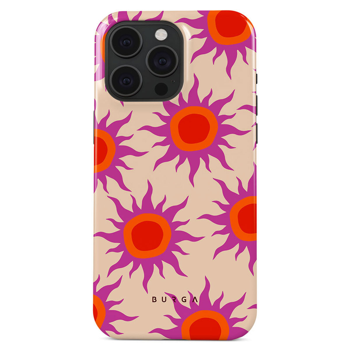 Een iPhone-hoesje met een patroon van gestileerde zonnen. De zonnen hebben oranje centra en paarse stralen op een beige achtergrond.