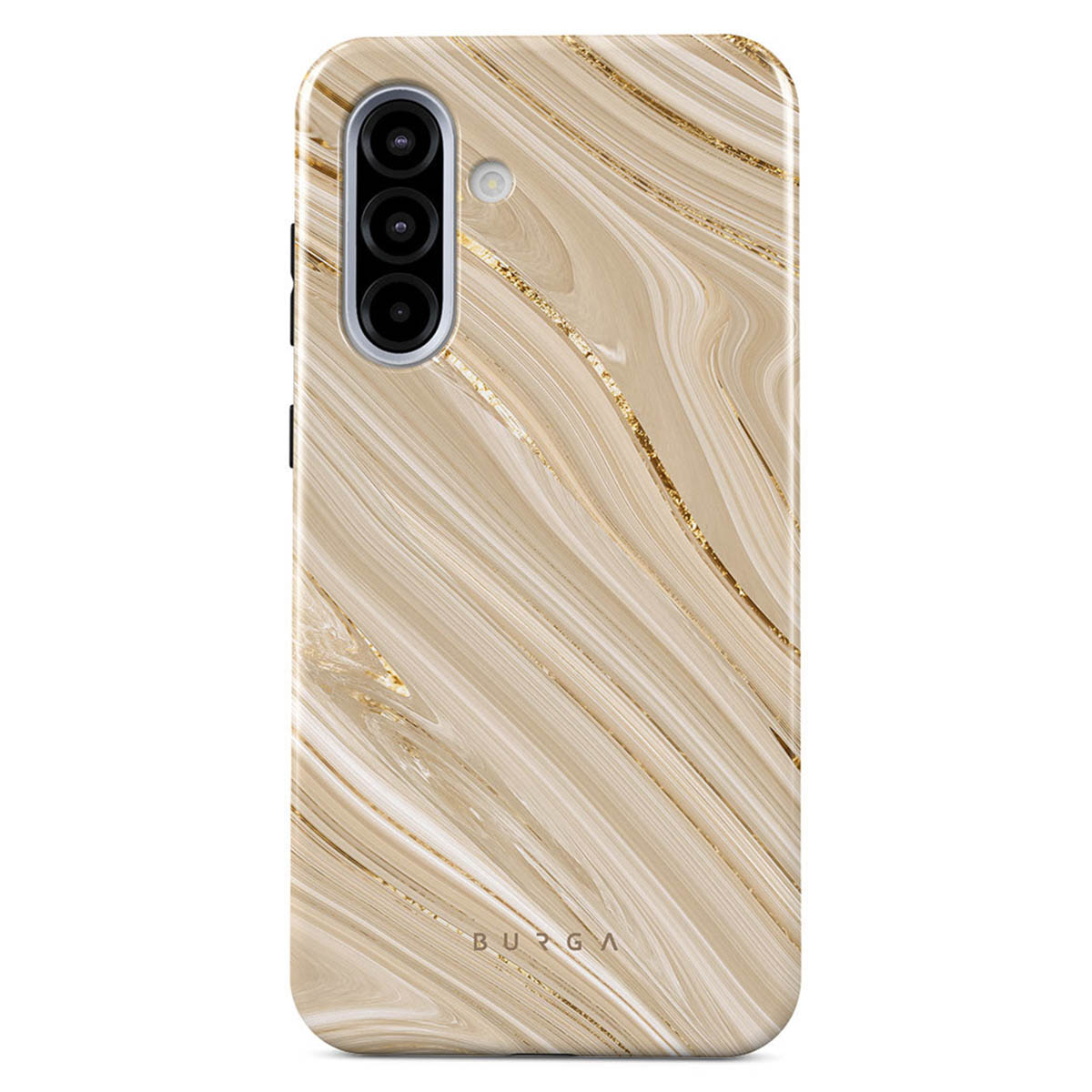 Een smartphonehoesje met een beige en goud marmerpatroon. Het heeft een cameramodule en het merk 'BURGA' onderaan.