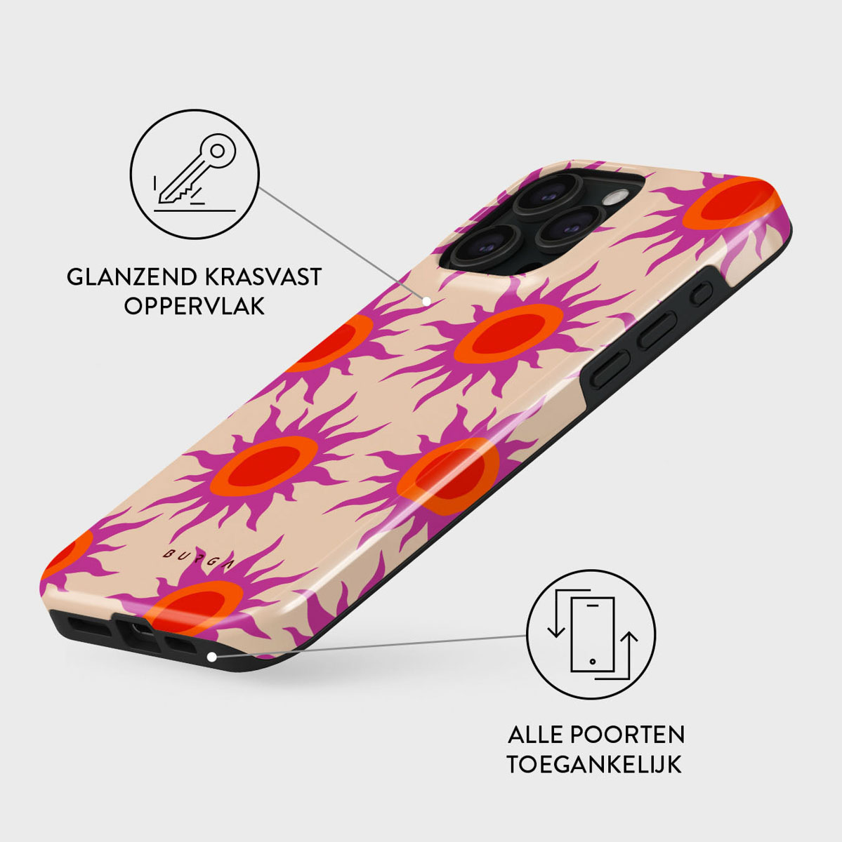 Een telefoonhoesje met een bloemenpatroon in oranje en paars. De hoes zit op een witte achtergrond. Tekst is in het Nederlands.