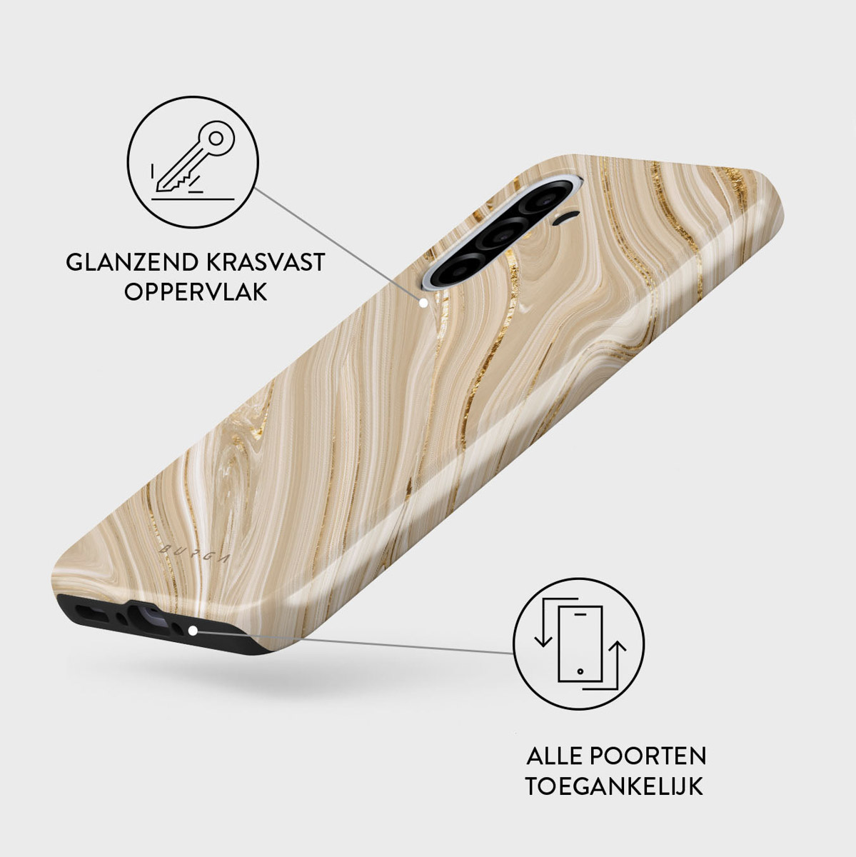 Telefoonhoesje met marmer design. De hoes heeft een glanzend, krasbestendig oppervlak. Alle poorten toegankelijk.